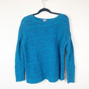 J Jill L Petite Blue Wavy Knit Cotton Blend Pullover Sweater Top Textured Cotton